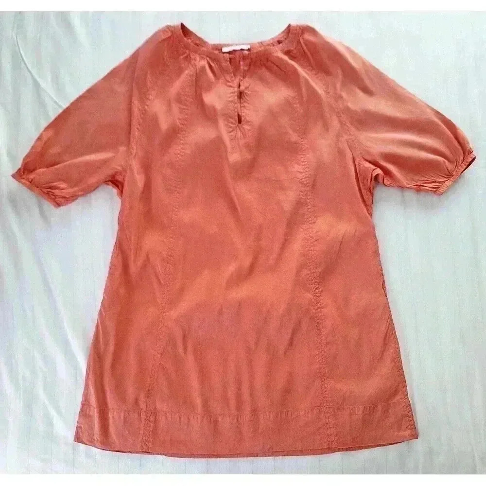 Calypso Christiane Celle Womens XS Coral 100% Silk Embroidered Puff Sleeve Tunic